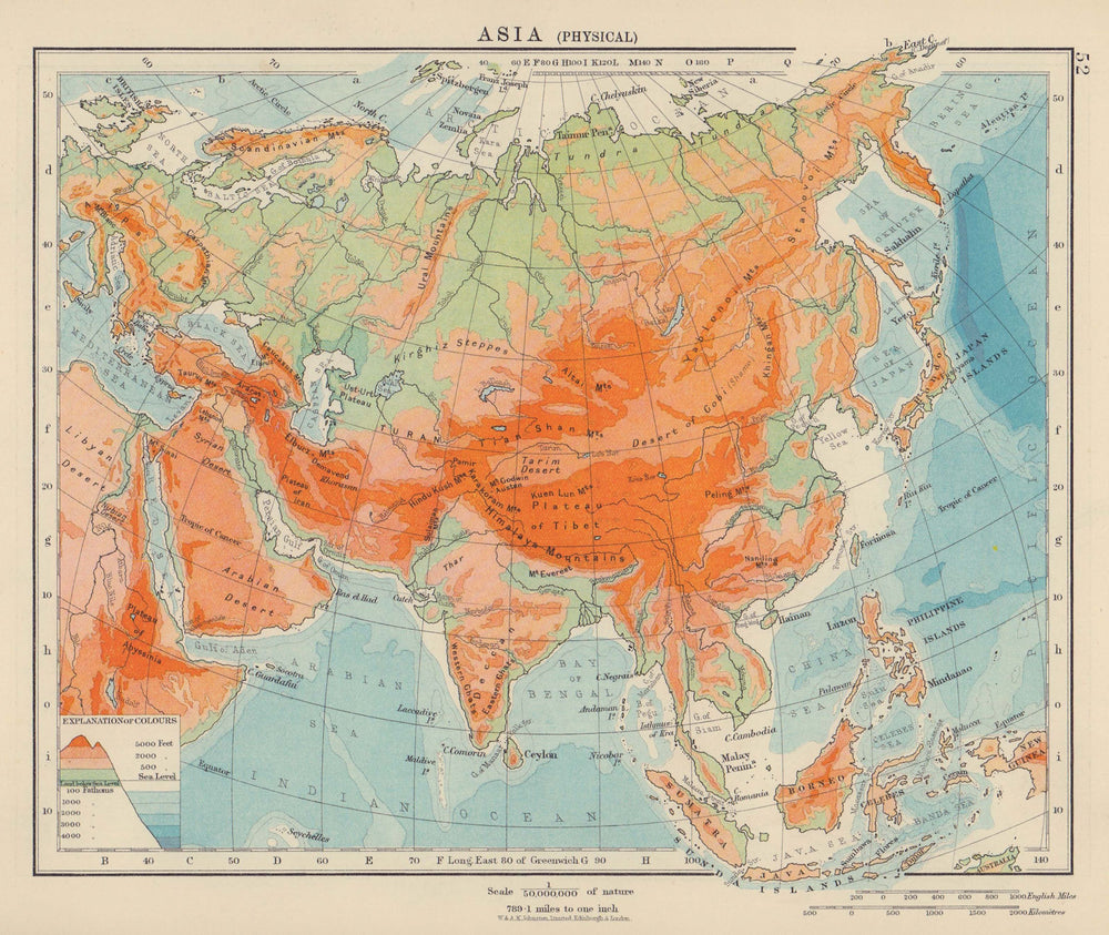 ASIA PHYSICAL. Relief Mountain heights Ocean depths Rivers. JOHNSTON 1910 map