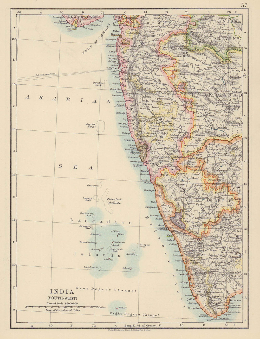BRITISH INDIA SW. Bombay Mysore Malabar Coast Lakkadives. JOHNSTON 1910 map