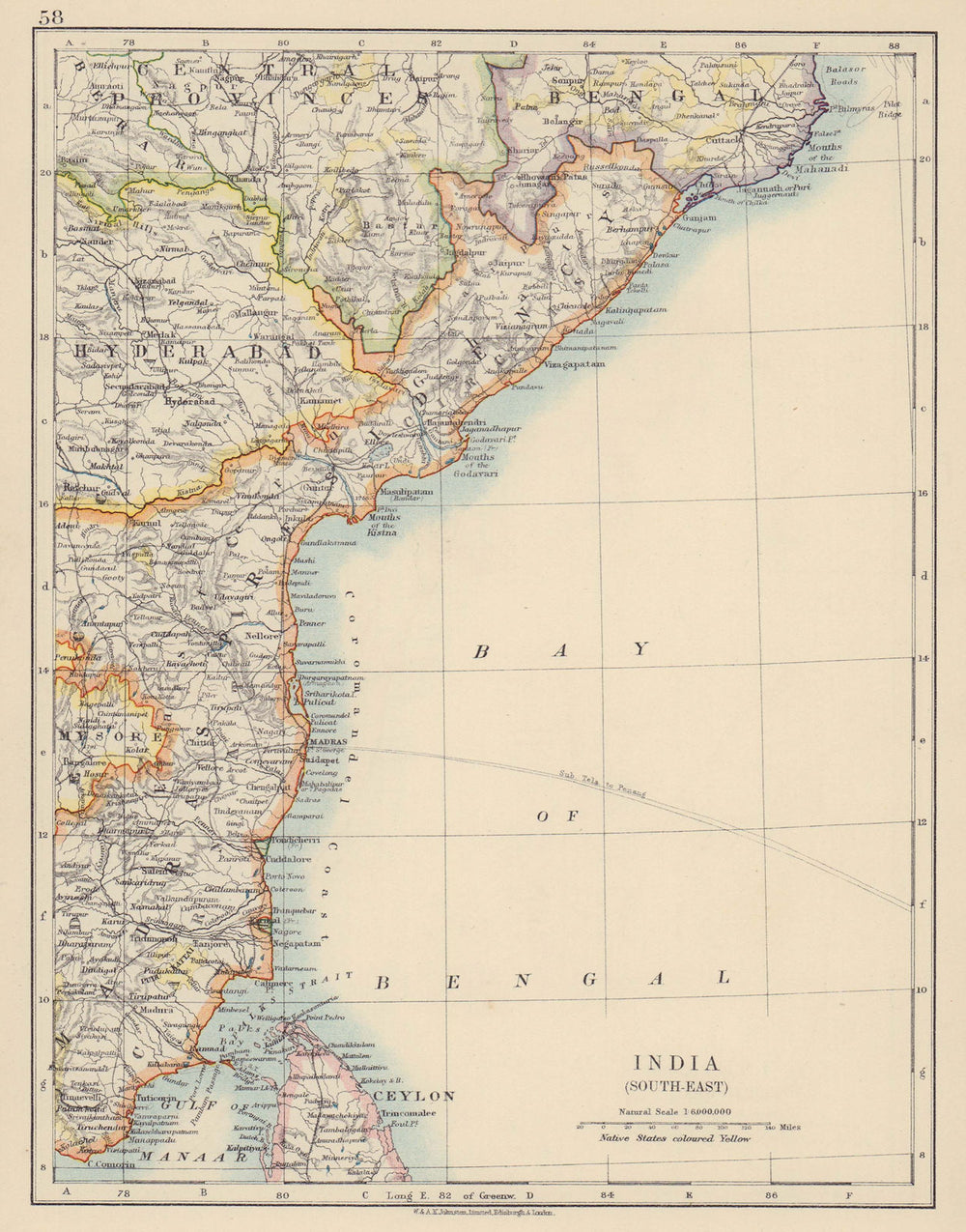 BRITISH INDIA SE. Madras Hyderabad. Coromandel Coast. JOHNSTON 1910 old map