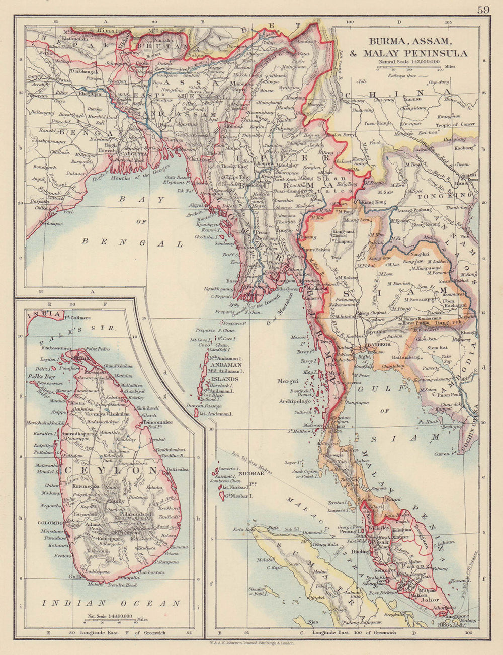 BURMA CEYLON SIAM MALAY PENINSULA. Assam Singapore Thailand JOHNSTON 1910 map