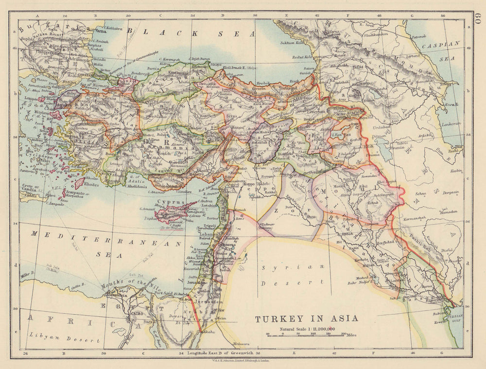 OTTOMAN TURKEY IN ASIA. Cyprus Levant Mesopotamia Palestine. JOHNSTON 1910 map