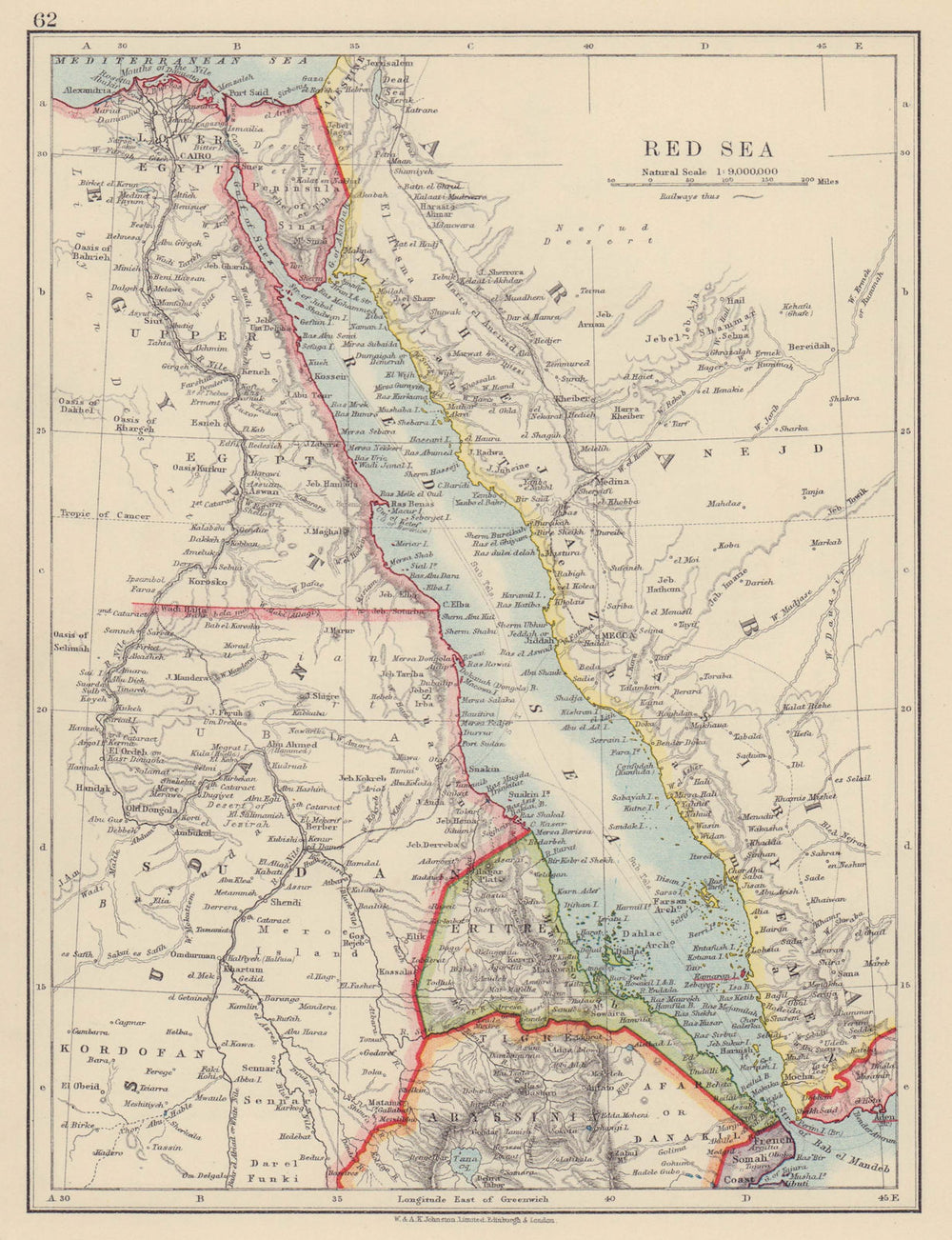 RED SEA. Egypt Eritrea Hedjaz Asir Yemen. Nile valley. Sinai. JOHNSTON 1910 map