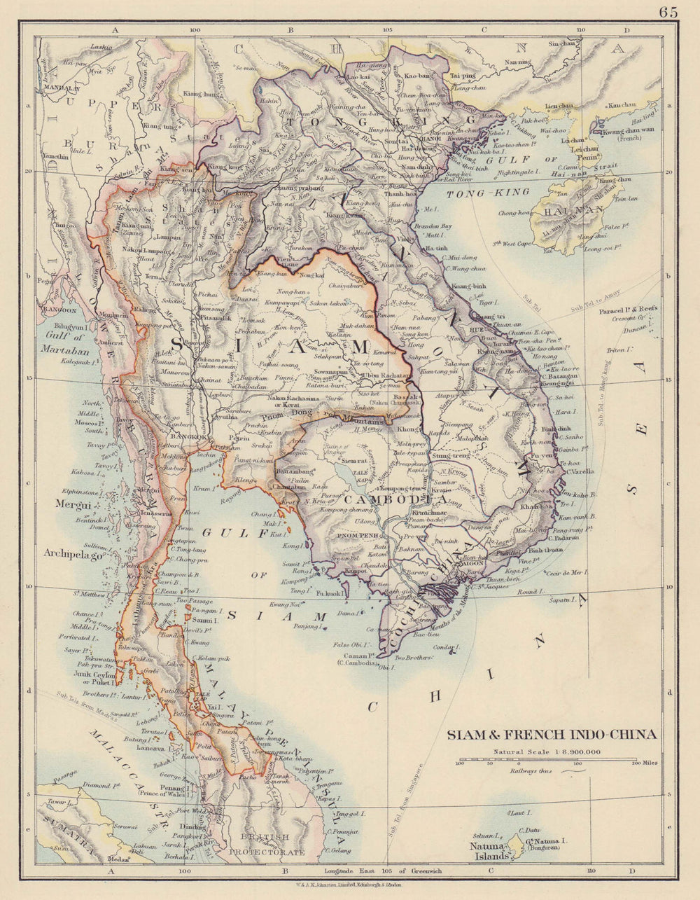 FRENCH INDOCHINA & SIAM. Thailand. Burma Cambodia Annam. JOHNSTON 1910 old map