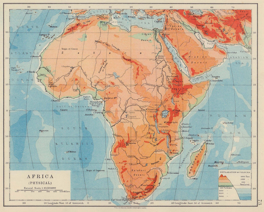 AFRICA PHYSICAL. Relief ocean depths rivers. JOHNSTON 1910 old antique map