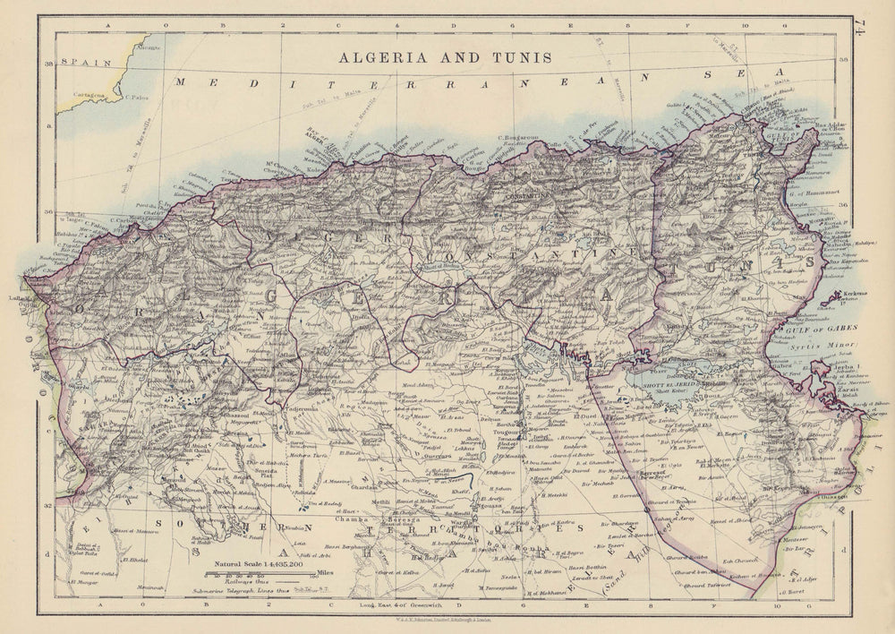 ALGERIA & TUNIS. Maghreb Tunisia. Provinces. Telegraph cables. JOHNSTON 1910 map