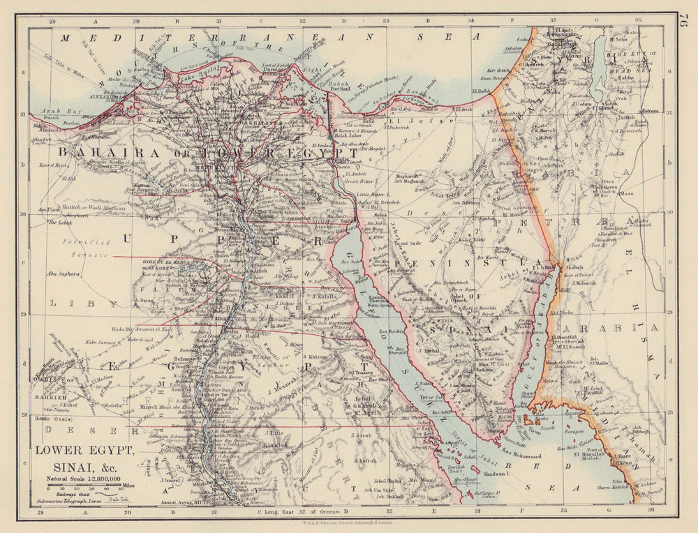 LOWER EGYPT & SINAI. Provinces. Nile valley/delta. Railways. JOHNSTON 1910 map