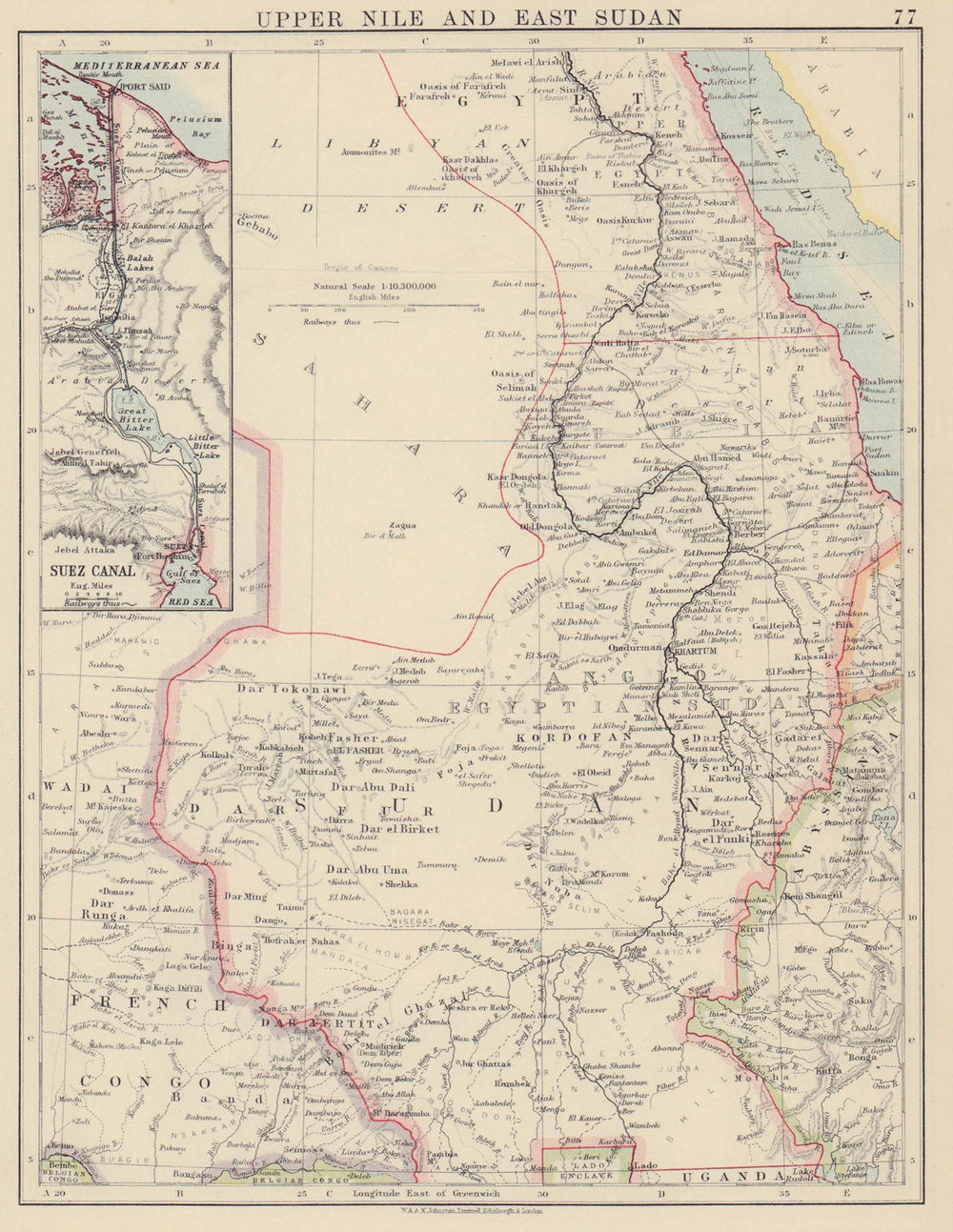 UPPER NILE, EAST SUDAN & SUEZ CANAL. Khartoum White/Blue Nile. JOHNSTON 1910 map