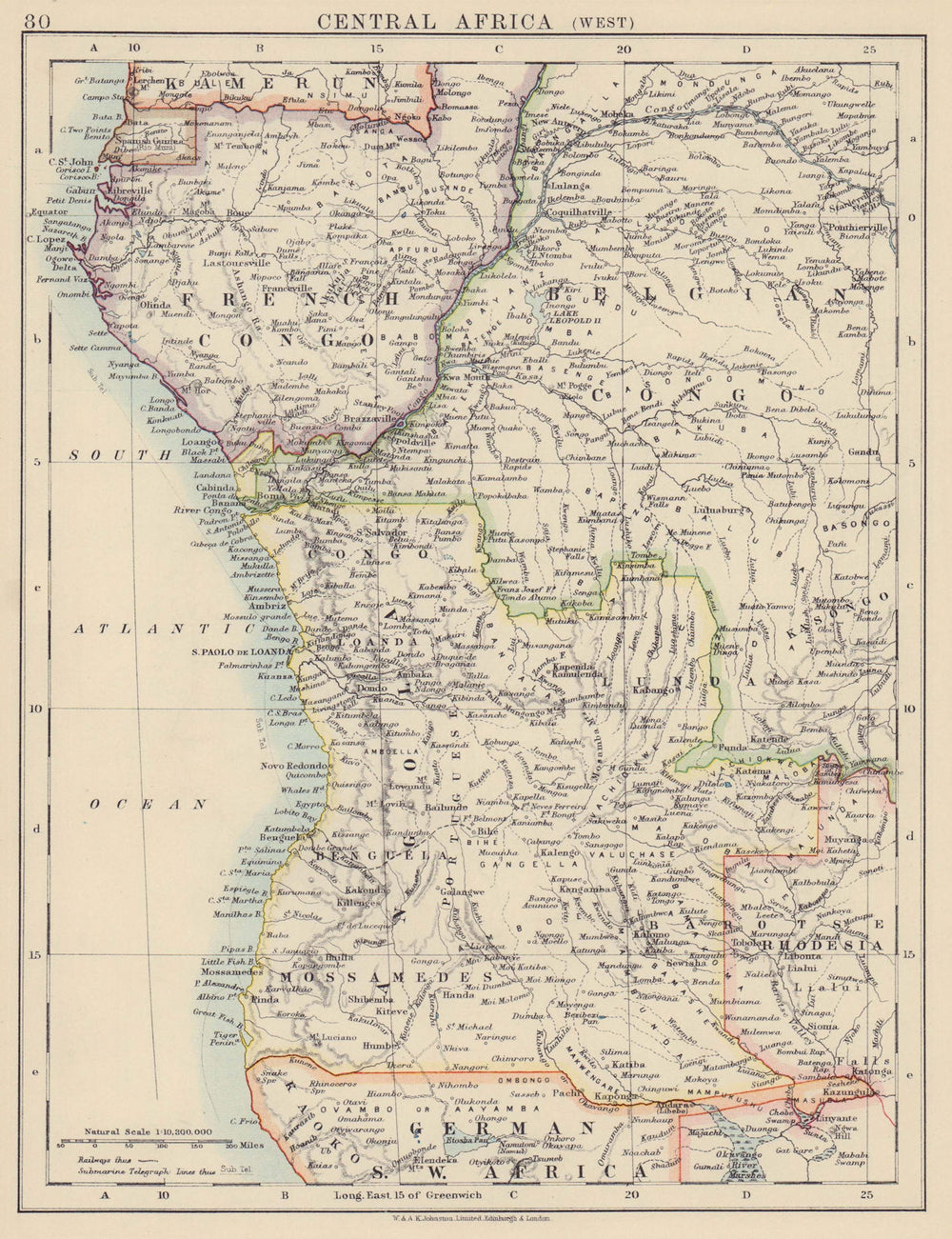 COLONIAL CENTRAL AFRICA. French & Belgian Congo, Angola. JOHNSTON 1910 old map