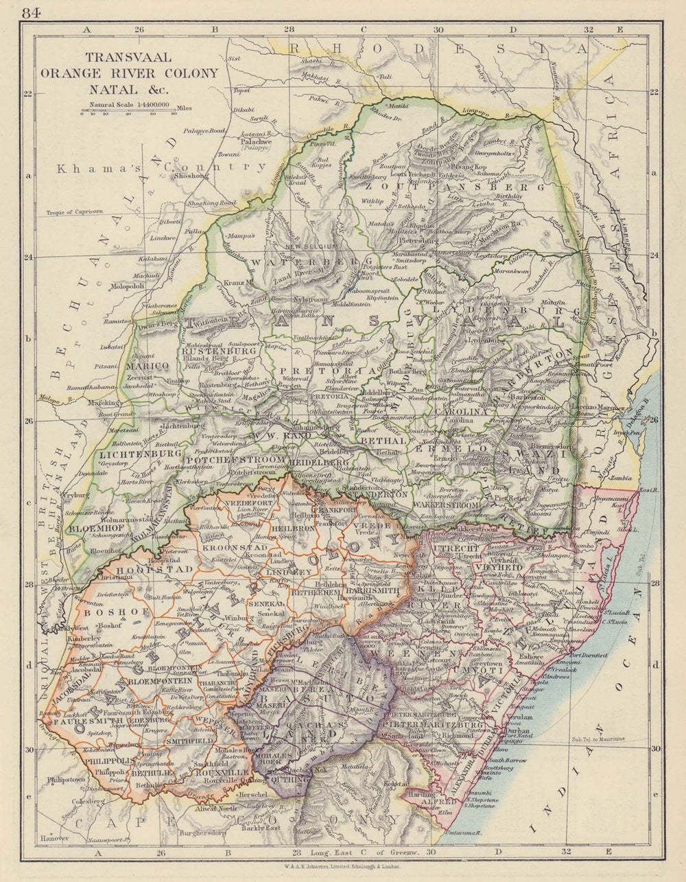 COLONIAL SOUTH AFRICA. Orange River Colony Natal Basutoland Transvaal 1910 map