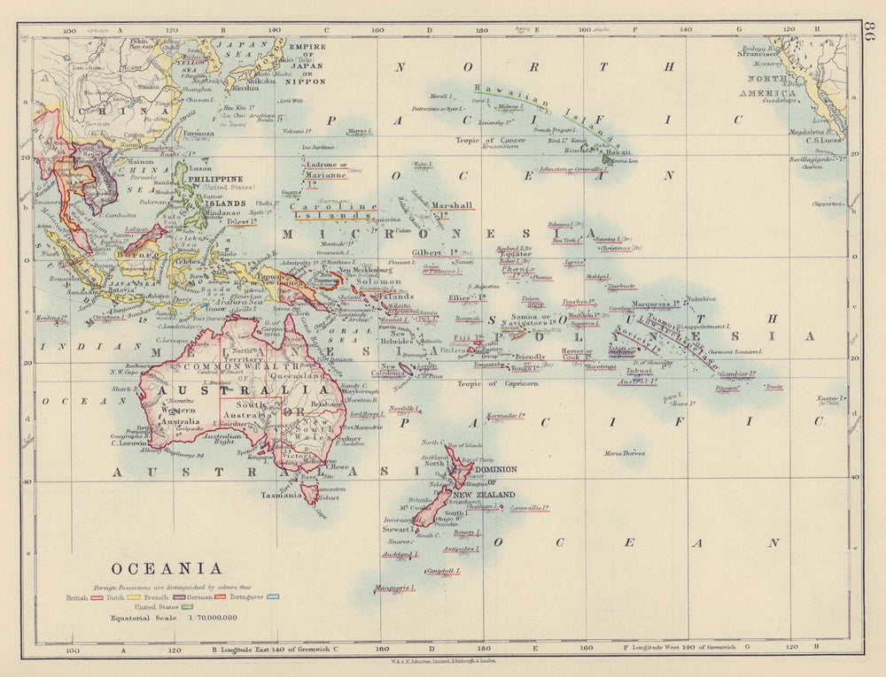 COLONIAL OCEANIA PACIFIC British Dutch Spanish French German Portuguese 1910 map