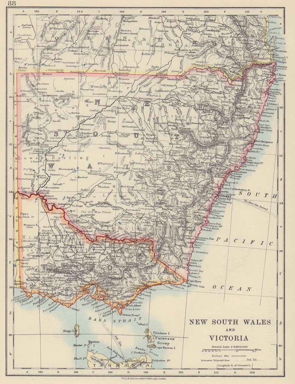 NEW SOUTH WALES & VICTORIA showing railways telegraph cables. Australia 1910 map