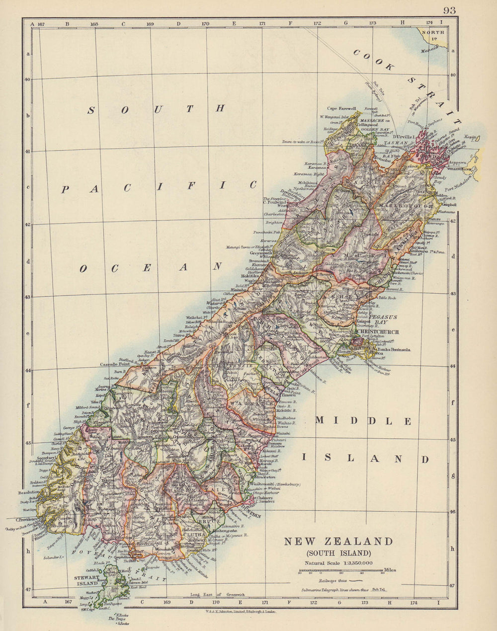SOUTH ISLAND NEW ZEALAND. Showing counties. Telegraph cables. JOHNSTON 1910 map