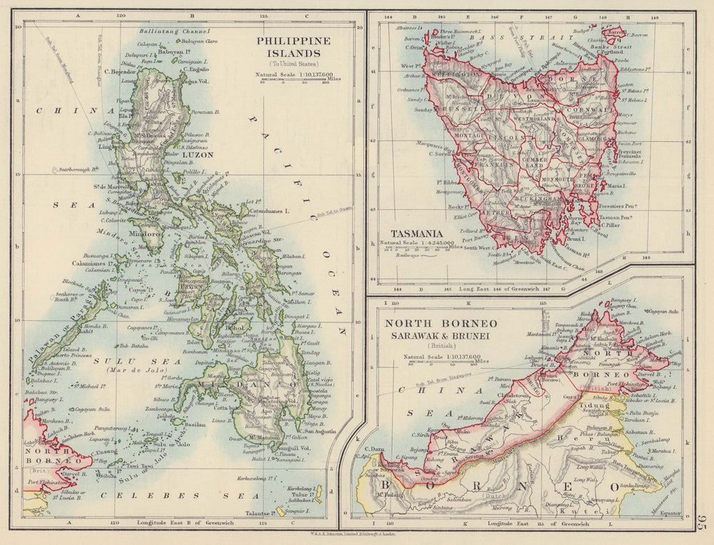 EAST ASIA. Philippines Tasmania North Borneo Brunei Sarawak. JOHNSTON 1910 map