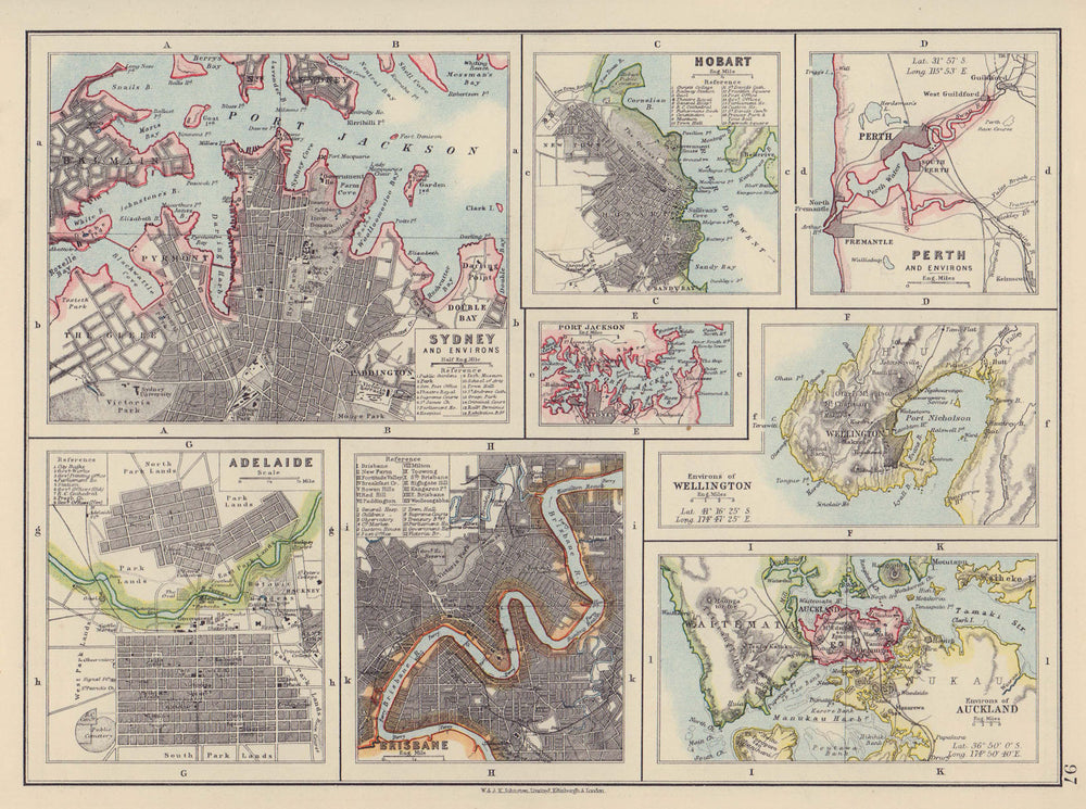 AUSTRALIA NZ CITIES. Sydney Hobart Perth Adelaide Brisbane Auckland 1910 map