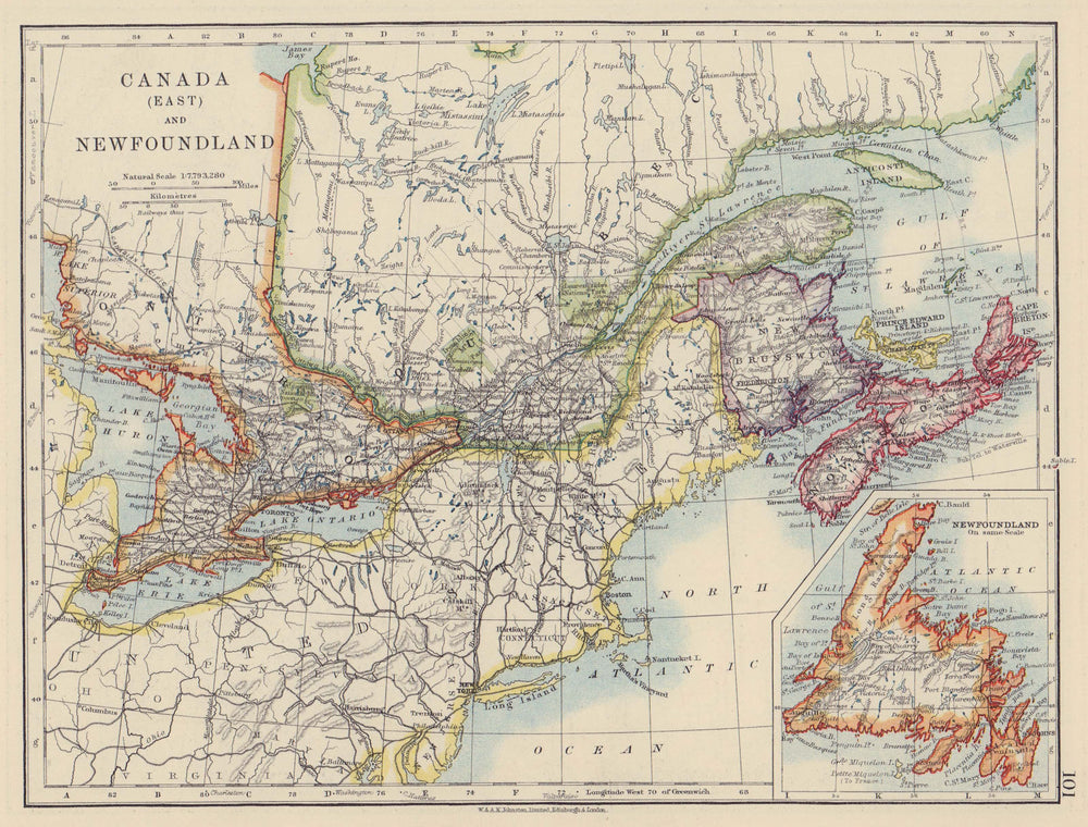 EASTERN CANADA. Ontario Quebec Maritime Provinces NB PE NS. JOHNSTON 1910 map