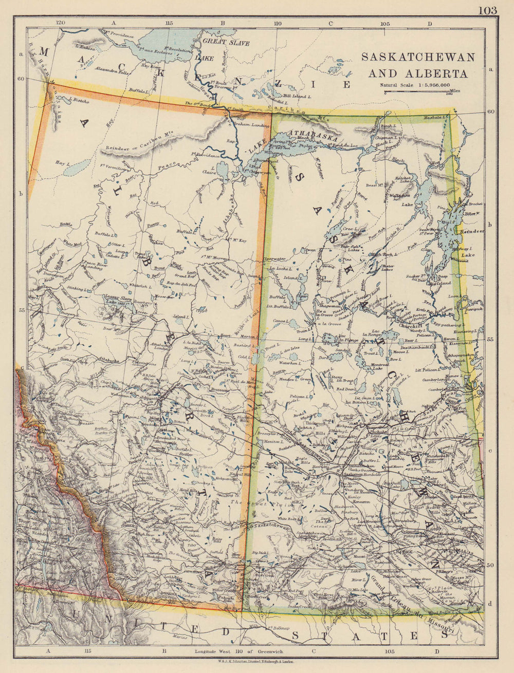 CANADA PRAIRIES. Saskatchewan & Alberta provinces. JOHNSTON 1910 old map