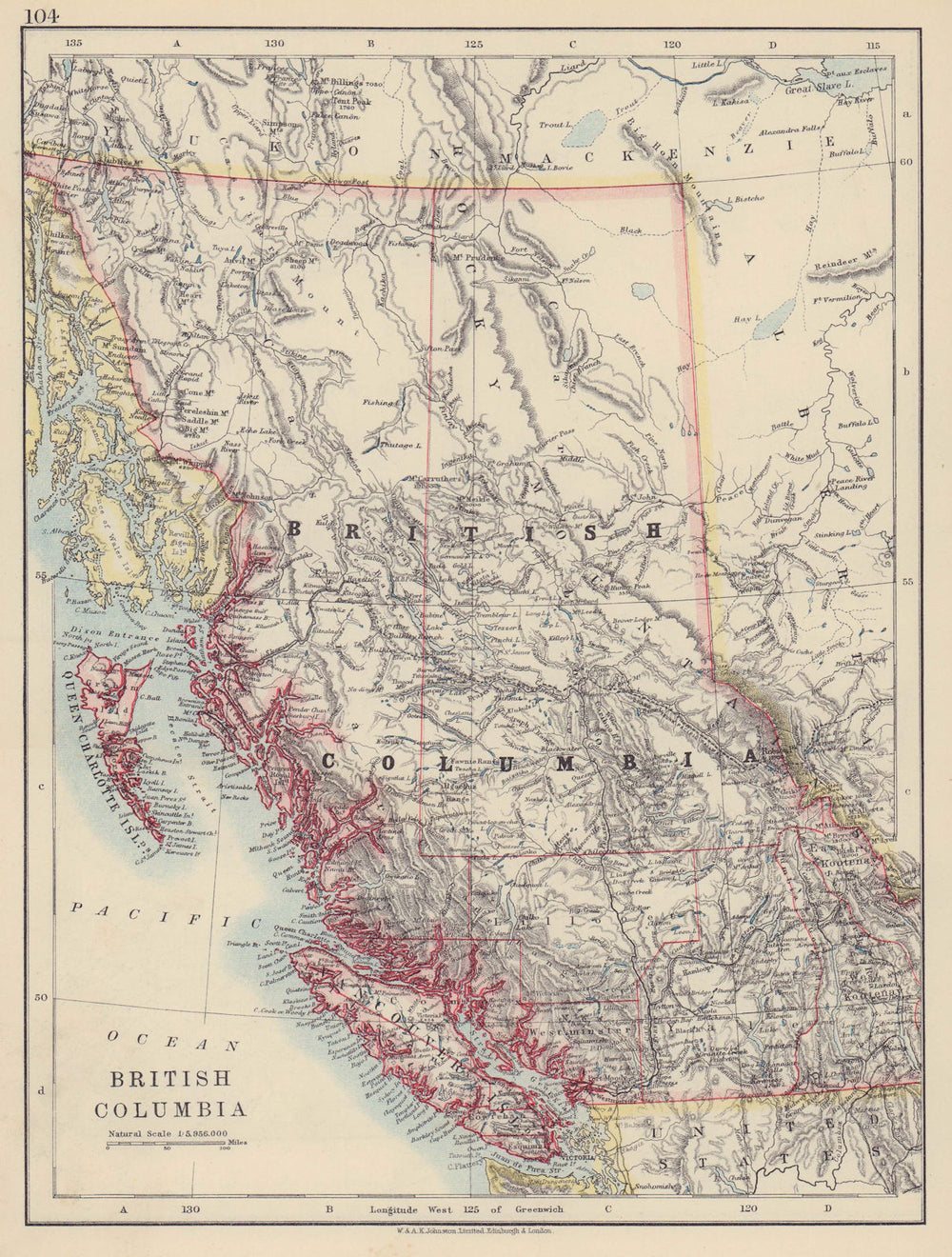 BRITISH COLUMBIA. Province map. Railroads. Vancouver island. JOHNSTON 1910