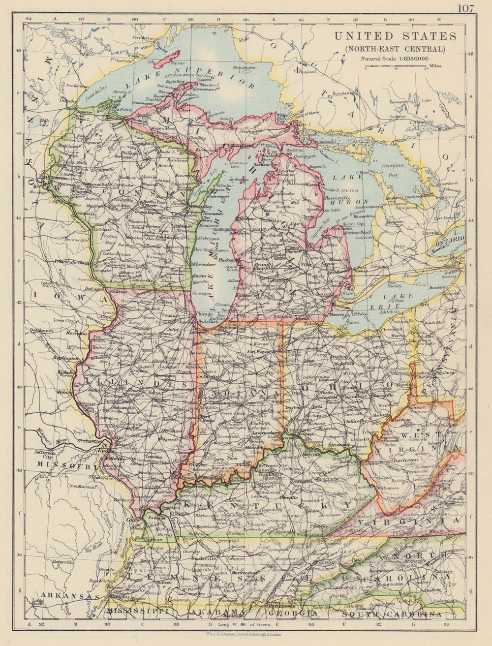 USA MID WEST. Wisconsin Michigan Illinois Ohio Indiana Kentucky TN 1910 map