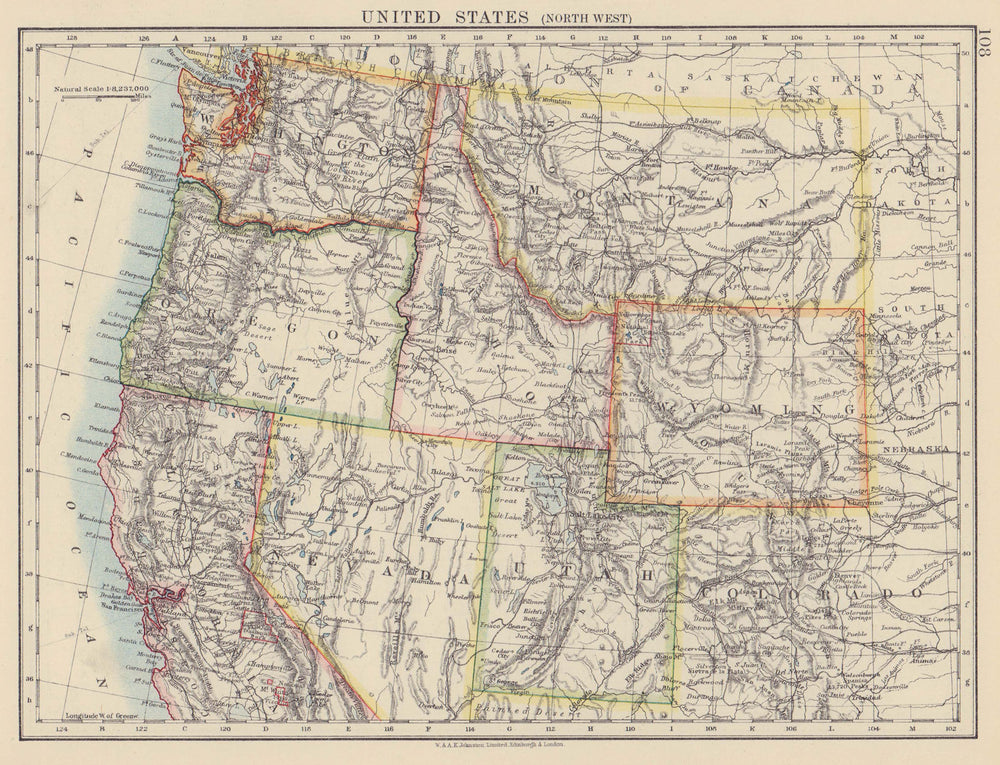 USA NORTH WEST. Washington Oregon ID MT WY Utah Nevada CA. JOHNSTON 1910 map