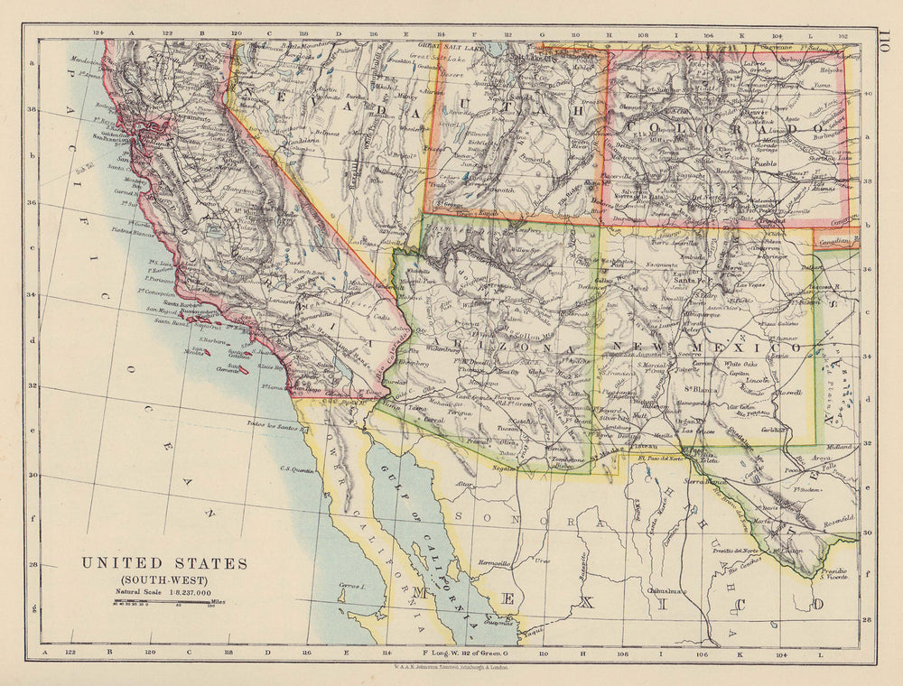 USA SOUTH WEST. California Arizona NM Colorado Utah Nevada. JOHNSTON 1910 map