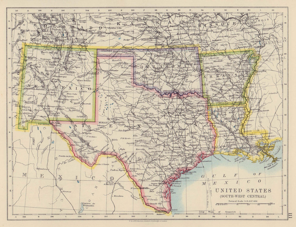 USA SOUTH CENTRAL Texas Oklahoma New Mexico Arkansas Louisiana JOHNSTON 1910 map