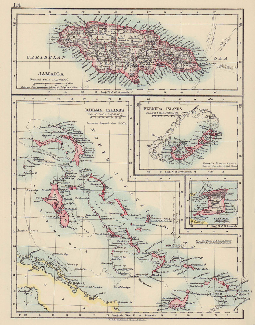 CARIBBEAN/ATLANTIC ISLANDS. Jamaica Bermuda Bahamas Trinidad. JOHNSTON 1910 map