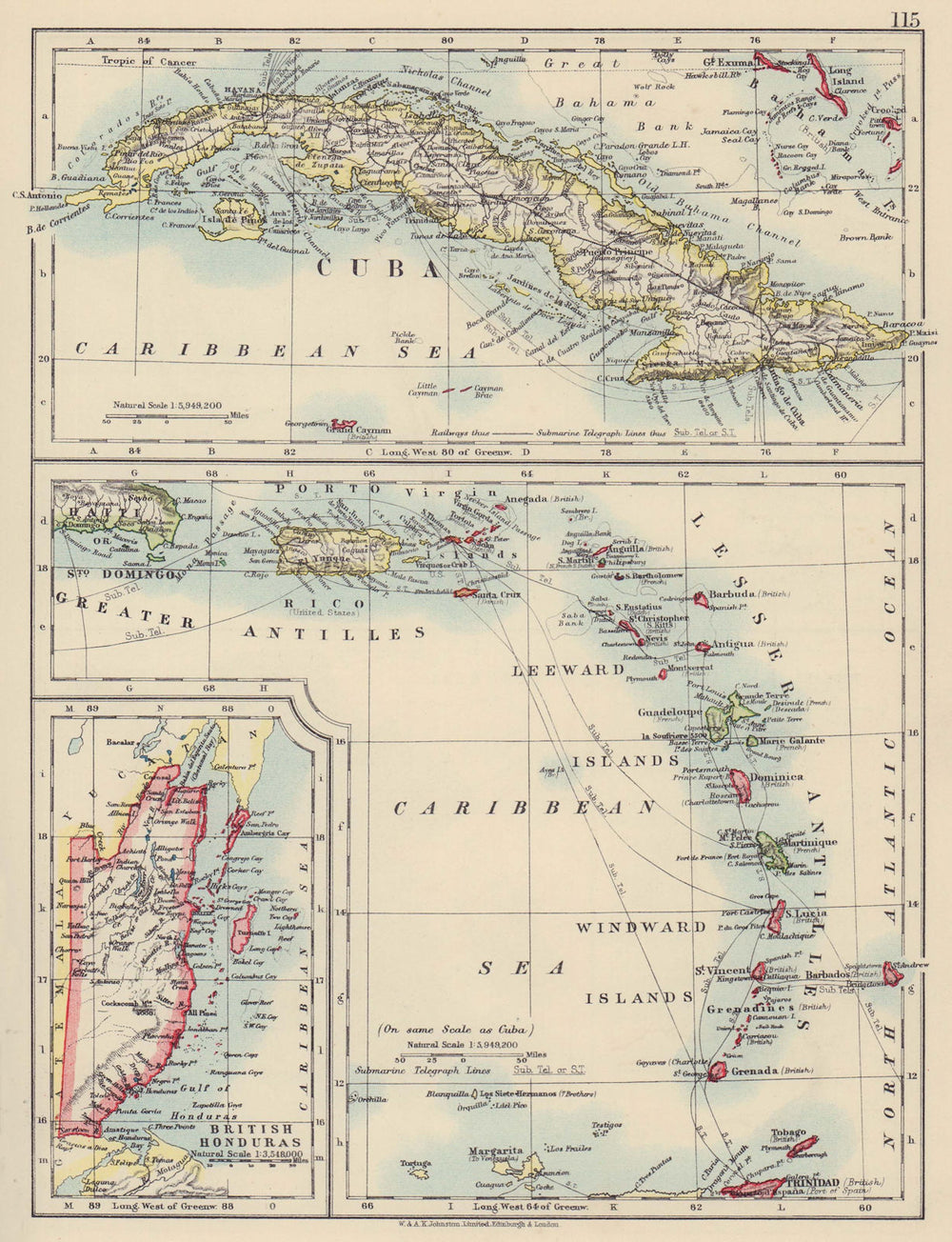 CARIBBEAN ISLANDS. Cuba British Honduras Windward/Leeward. JOHNSTON 1910 map