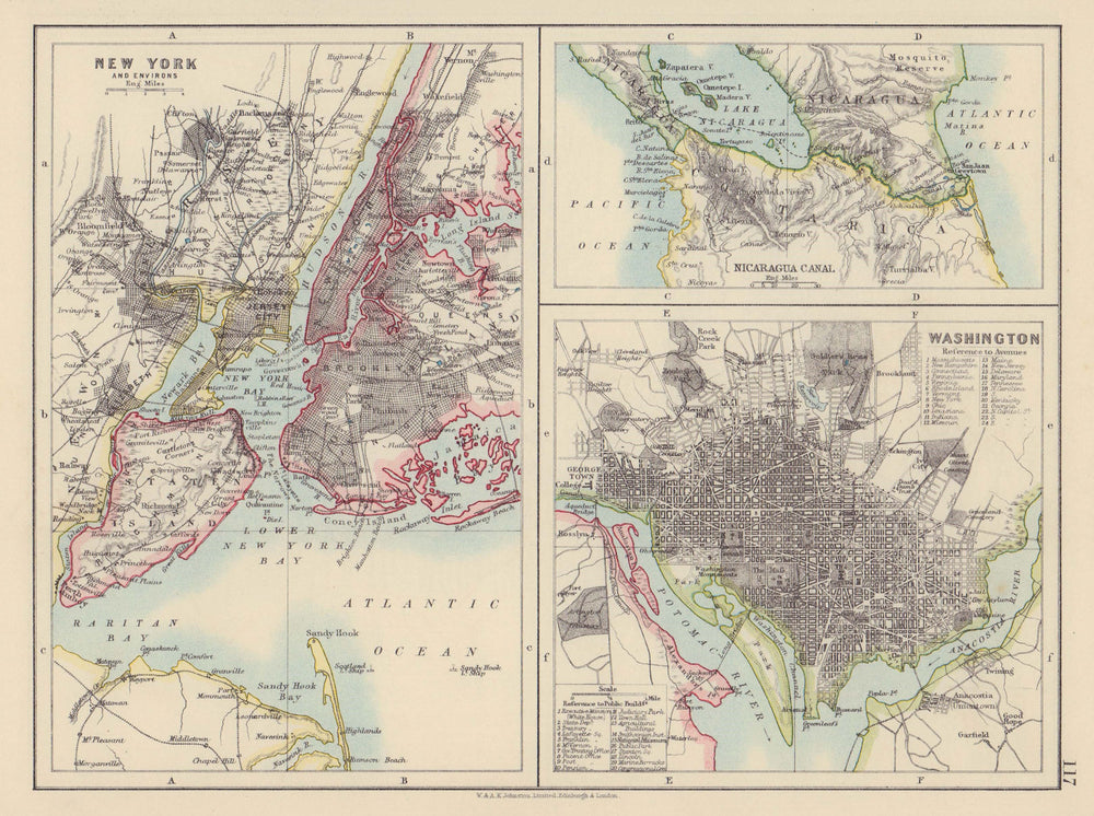 US CITIES/NICARAGUA CANAL. New York & Washington plans. JOHNSTON 1910 old map