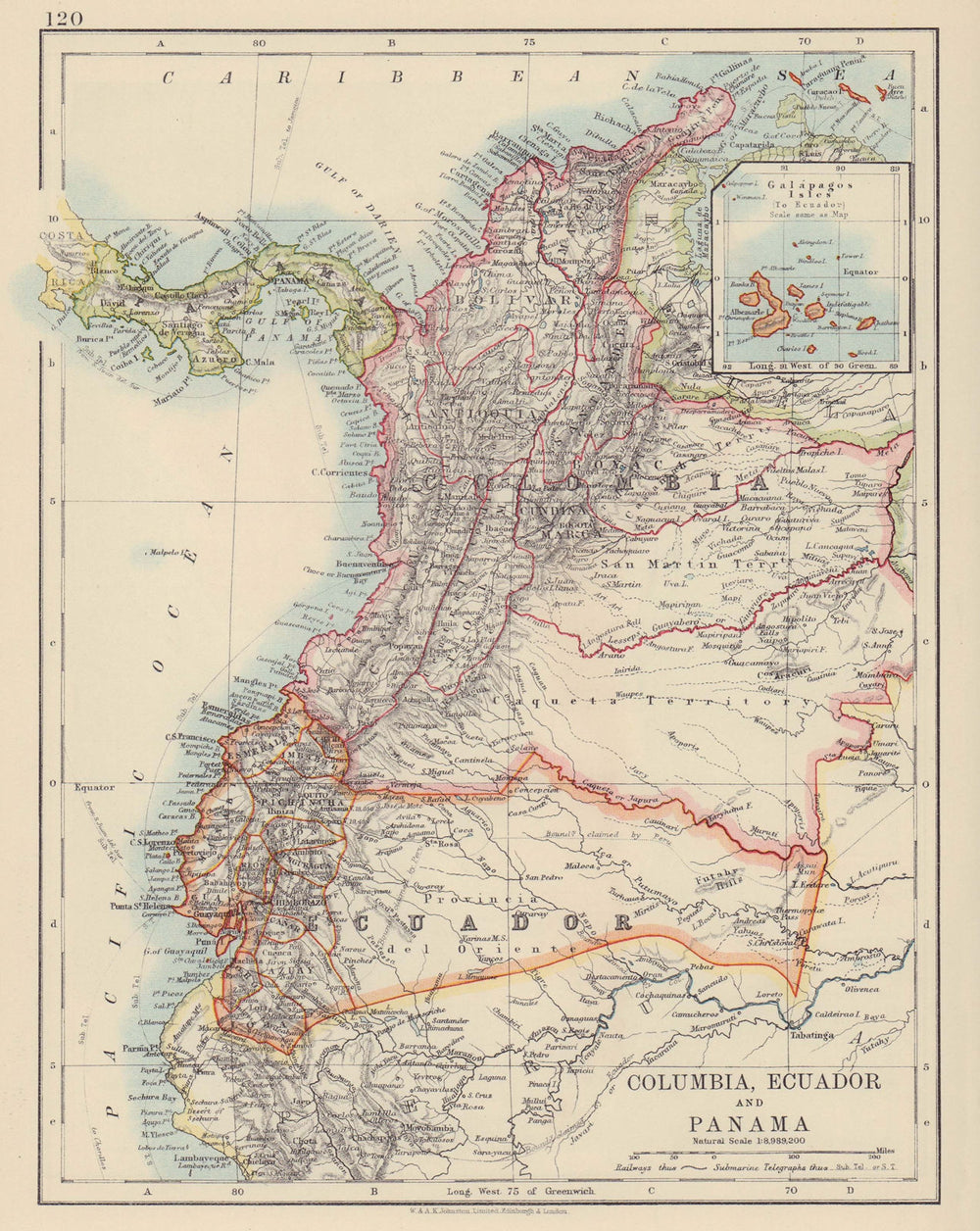 ANDEAN STATES. Colombia Ecuador Panama. South America. JOHNSTON 1910 old map