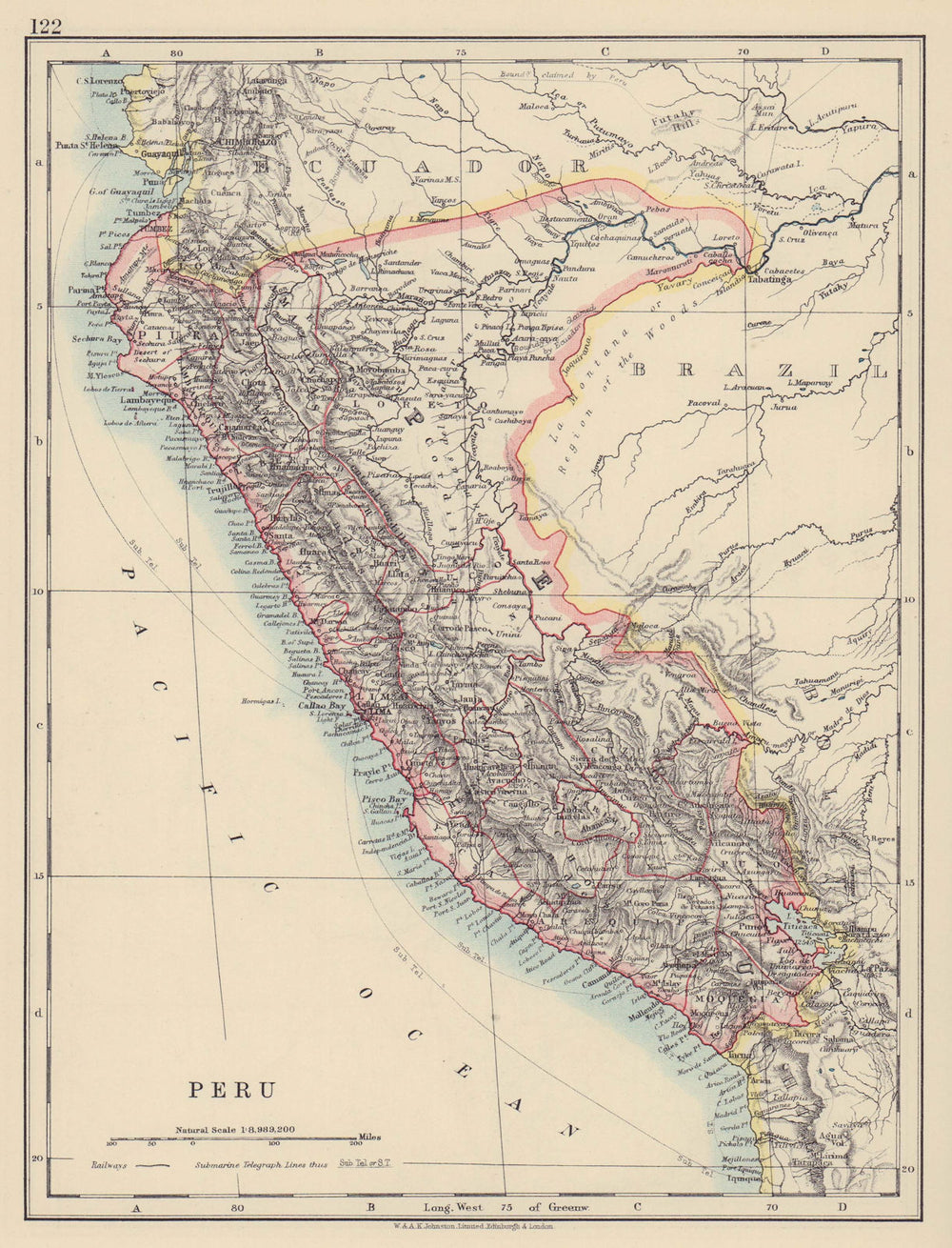 PERU. Border as before Peru-Ecuador war (1941). JOHNSTON 1910 old antique map