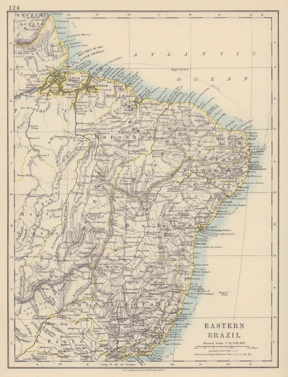 EASTERN BRAZIL. Bahia Minas Gerais Pernambuco Maranhao. JOHNSTON 1910 old map