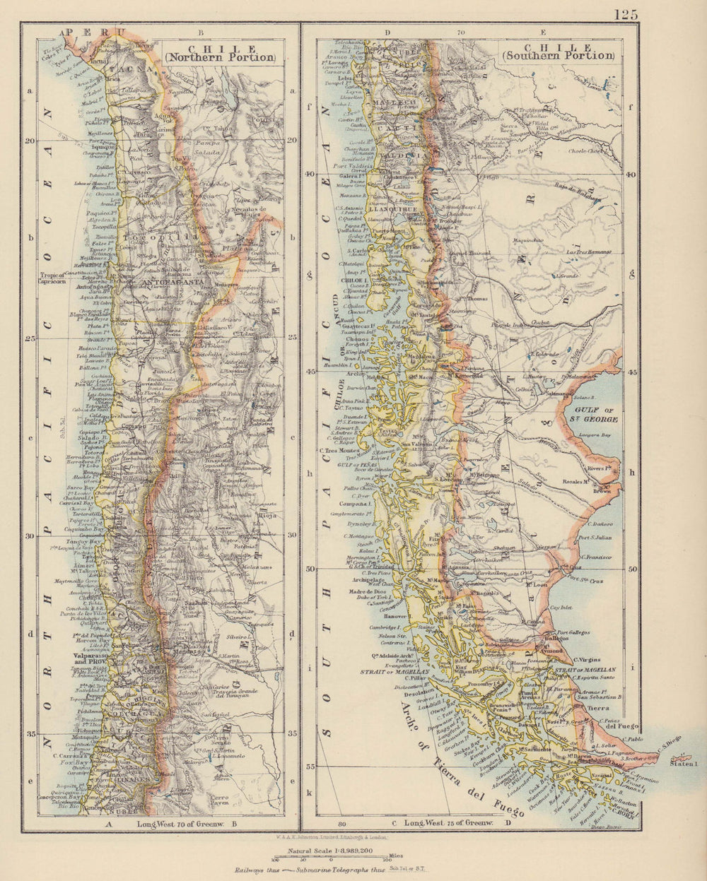 CHILE. Patagonia Cape Horn Tierra del Fuego. Steamship routes. JOHNSTON 1910 map