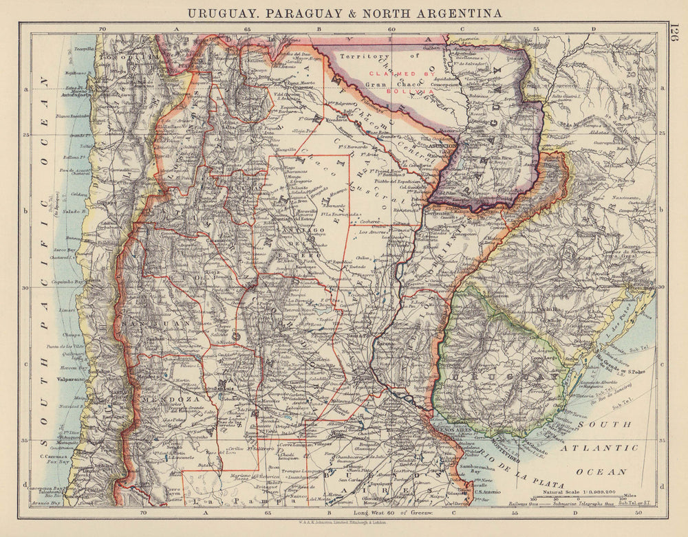URUGUAY NORTH ARGENTINA. West Paraguay "Claimed by Bolivia". JOHNSTON 1910 map