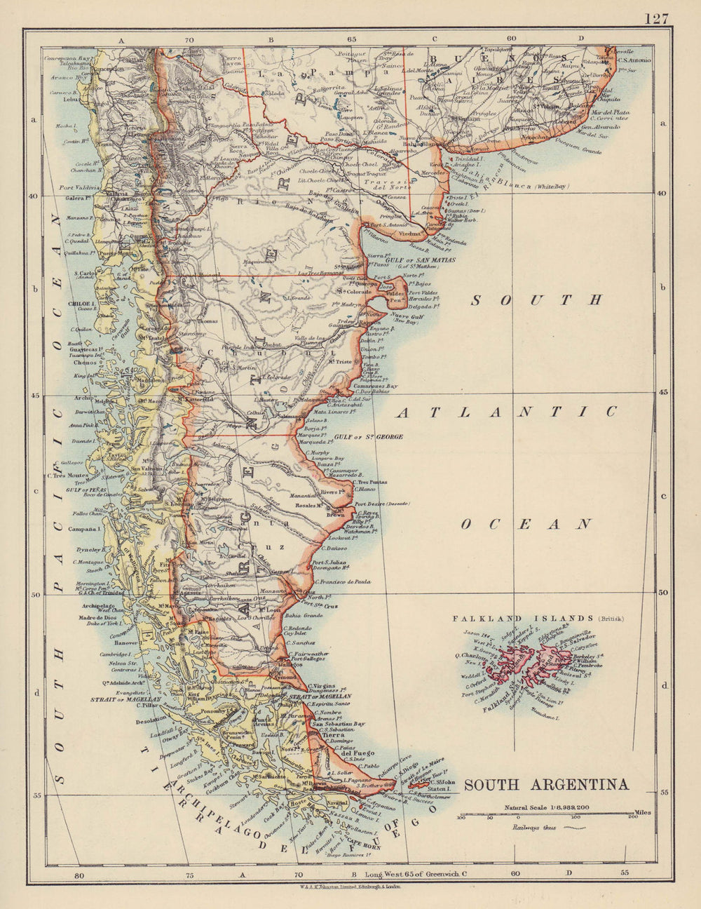 PATAGONIA. Southern Argentina & Chile. Falkland Islands. JOHNSTON 1910 old map