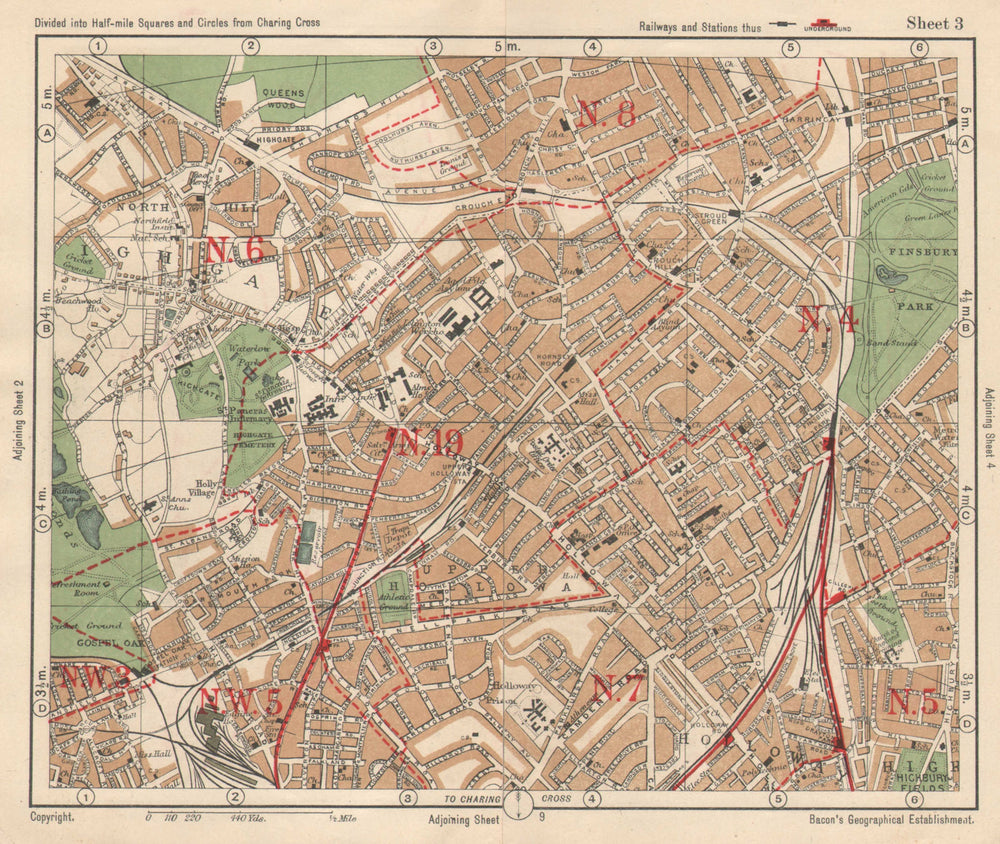 N LONDON. Highgate Crouch End Holloway Finsbury Park Gospel Oak. BACON 1925 map
