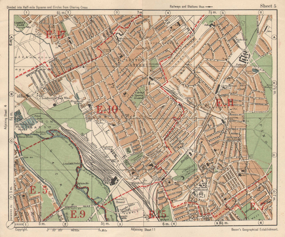 NE LONDON. Leyton Leytonstone Hackney Marshes Knotts Green. BACON 1925 old map