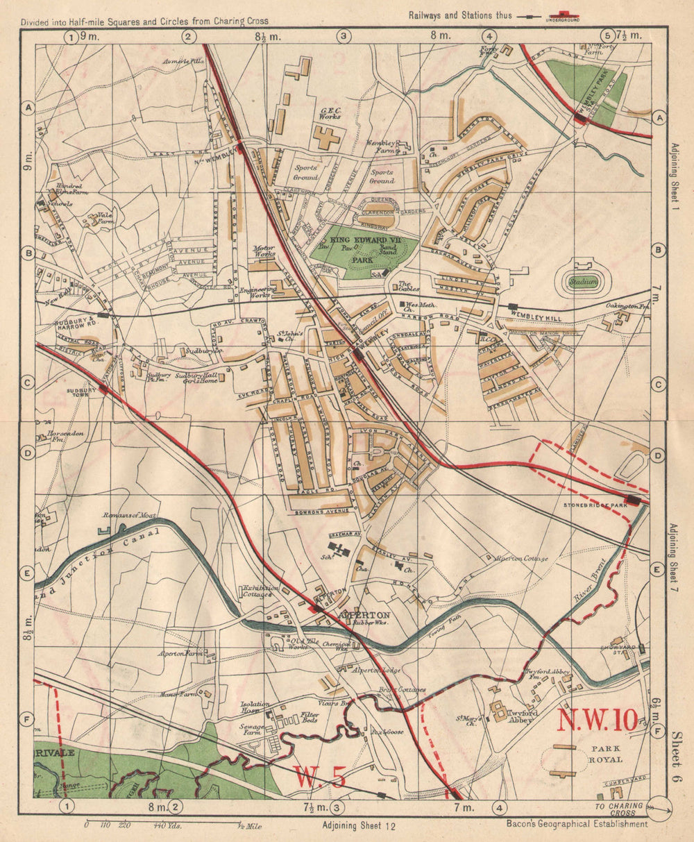 NW LONDON. Wembley Sudbury Alperton Park Royal Hanger Lane. BACON 1925 old map