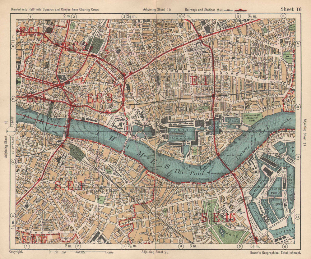 LONDON. City East End Bermondsey Stepney Rotherhithe Whitechapel.BACON 1925 map