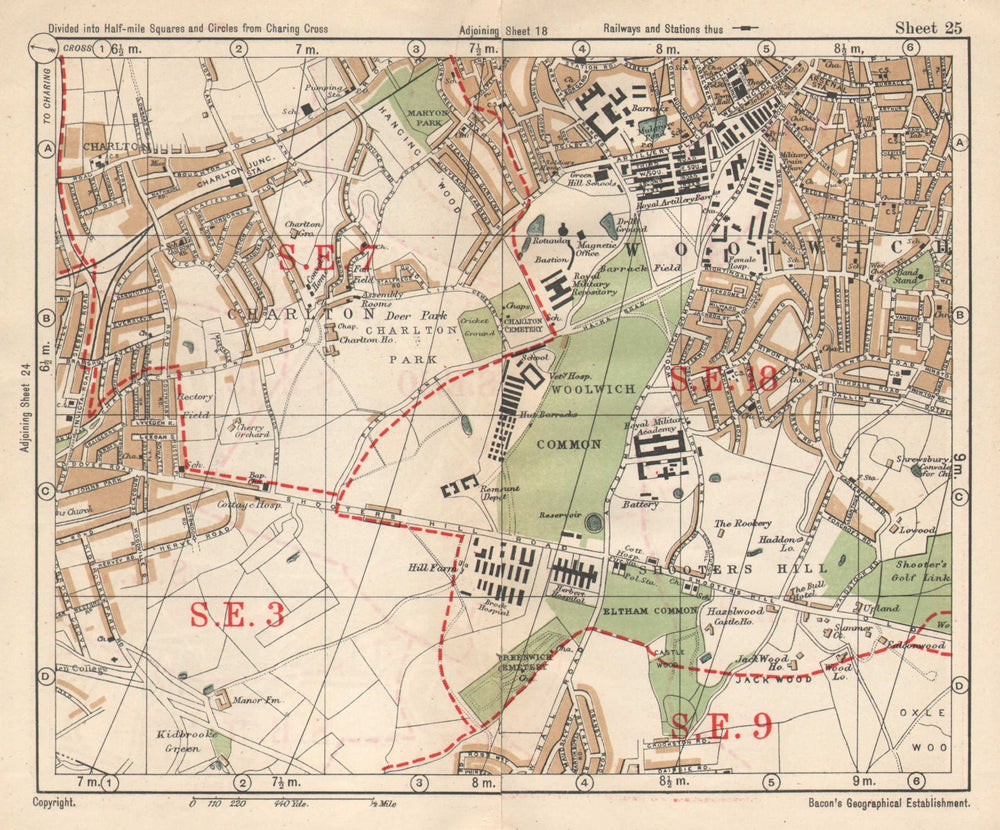 SE LONDON. Charlton Woolwich Shooters Hill Eltham Kidbrooke. BACON 1925 map