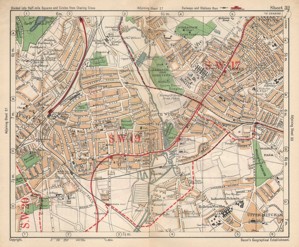 SW LONDON. Wimbledon Tooting Merton Morden Upper Mitcham. BACON 1925 old map