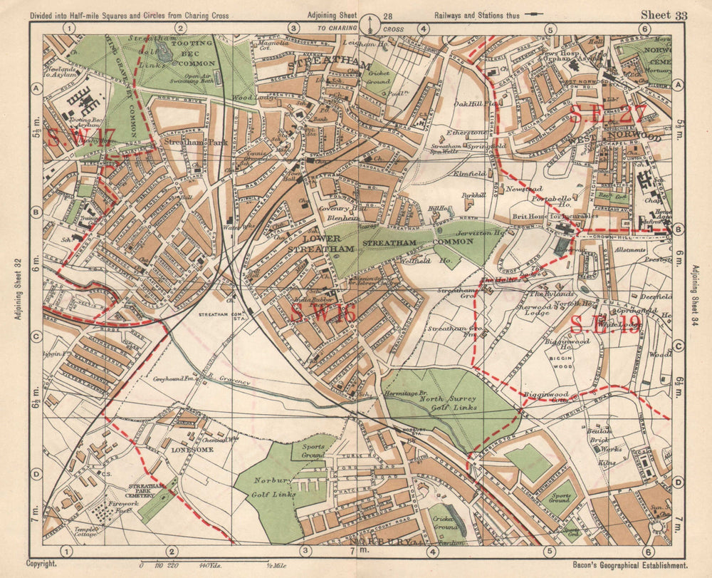 S LONDON. Streatham/Vale Norbury Tooting Bec West Norwood. BACON 1925 old map