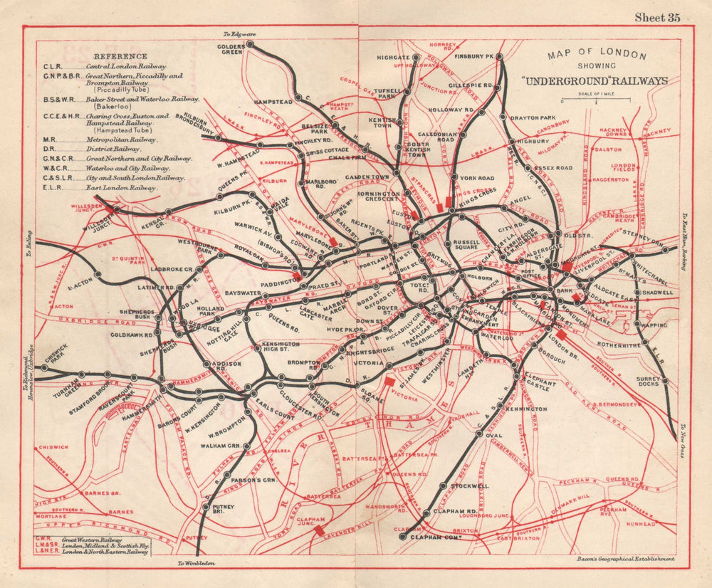 LONDON UNDERGROUND MAP. Tube & railways. BACON 1925 old vintage plan chart