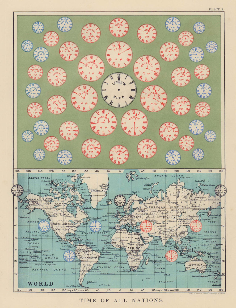TIME OF ALL NATIONS. predates UTC/standard hourly time zones. JOHNSTON 1901 map