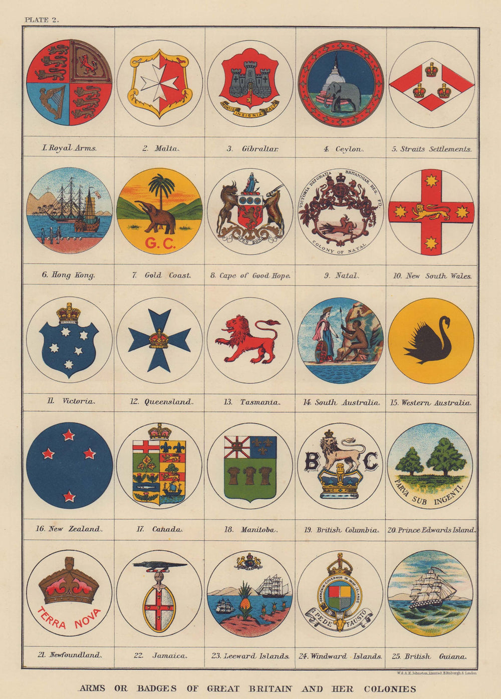BRITISH EMPIRE COATS OF ARMS. Malta Australia HK Canada Singapore 1901 old map