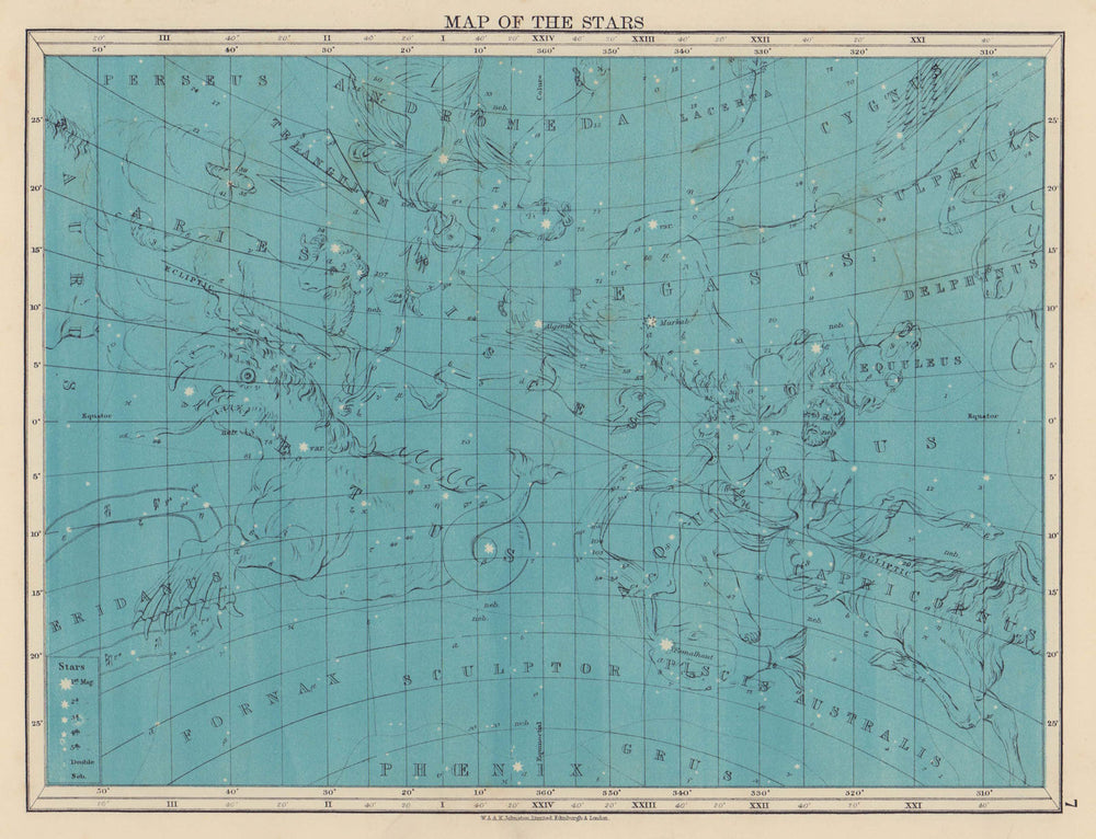 ASTRONOMY. Star map. Andromeda Pegasus Aries Pisces Aquarius. JOHNSTON 1901