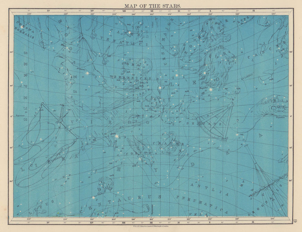 ASTRONOMY. Star map. Virgo Hydra Leo Serpens Centaurus Libra. JOHNSTON 1901