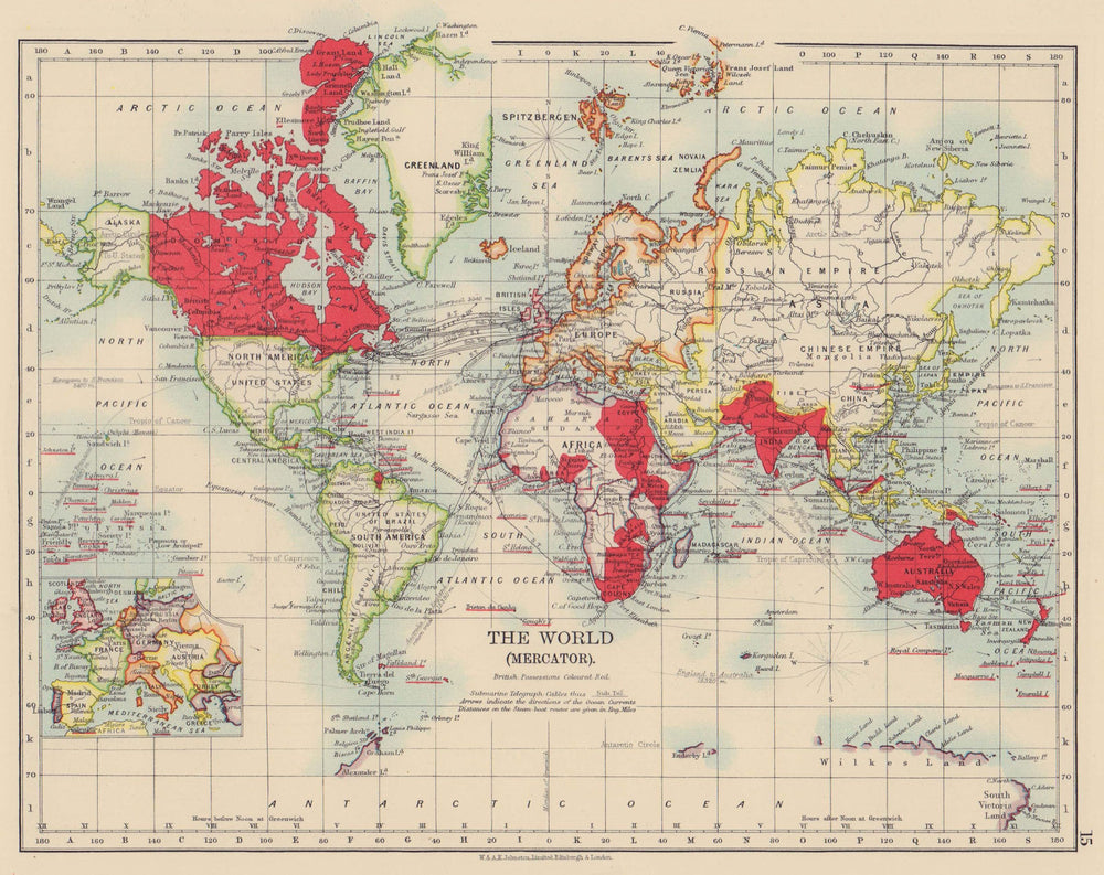 BRITISH EMPIRE. World Mercator. Currents. Steamship routes. JOHNSTON 1901 map
