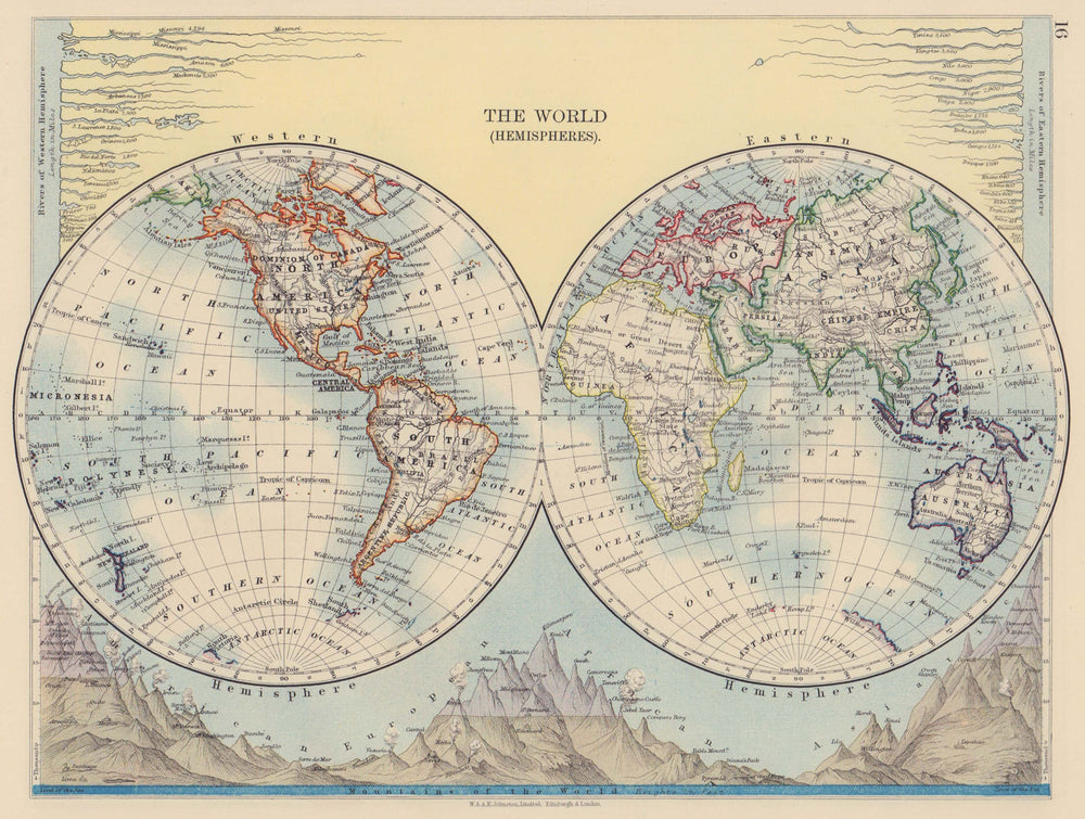 WORLD TWIN HEMISPHERES. Rivers mountains. Shows Missouri > Amazon 1901 old map