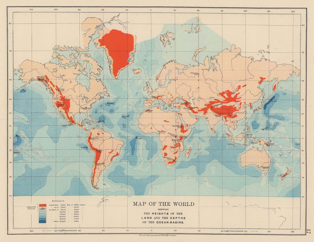WORLD RELIEF. Mountain heights. Ocean depths. JOHNSTON 1901 old antique map