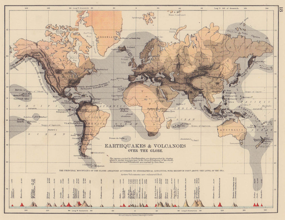 WORLD SEISMIC. Earthquake zones & active/inactive Volcanoes. JOHNSTON 1901 map